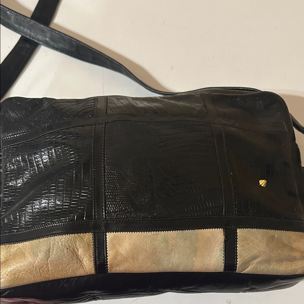 Vintage Robert Bergen Black and Tan Leather Patchwork Crossbody Bag